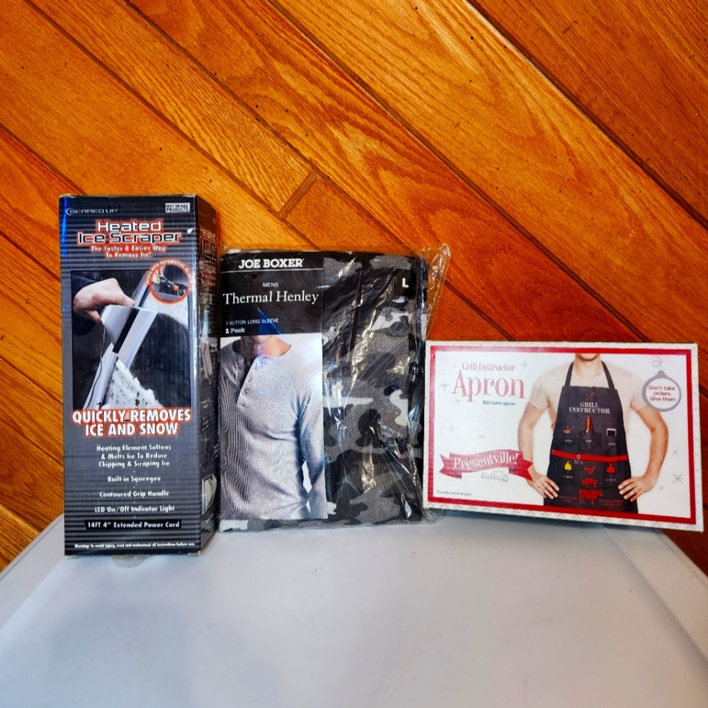 3 men's Christmas gift bundle with shirt, apron, and heated ice scraper